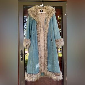 CoffeeShop Blue Denim Coat with Faux Fur Trim